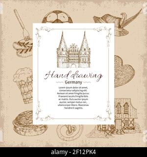 Hand drawn germany decorative icon set on paper background with top rectangular label frame and text vector illustration Stock Vector