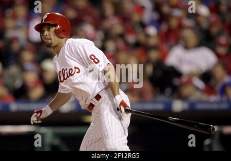 Philadelphia Phillies Shane Victorino watches his solo home run in the  first inning against the Colorado Rockies in Game 4 of their NLDS game,  Monday, October 12, 2009, in Denver Colorado. (Photo