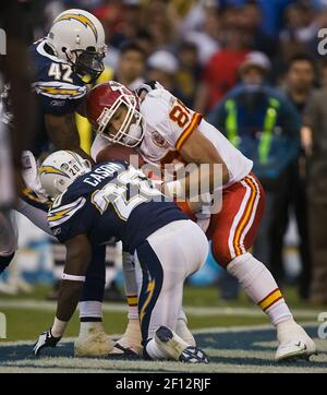 Houston Texans tight end Joel Dreessen (#85) runs past San Diego Chargers  safety Clinton Hart and into the endzone for a touchdown in the third  quarter at Qualcomm Stadium in San Diego