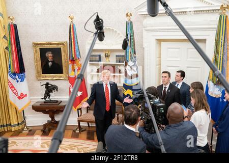 President Donald Trump participates in the ceremonial swearing in of Labor Secretary Eugene Scalia in the Oval Office Monday September 30 2019. Stock Photo