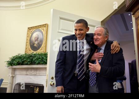 'March 22 2010; ''The day after the health care bill passed the President greeted Sen. Tom Harkin at the door of the Oval Office before a meeting with the Senate Democratic Leadership.'' ' Stock Photo