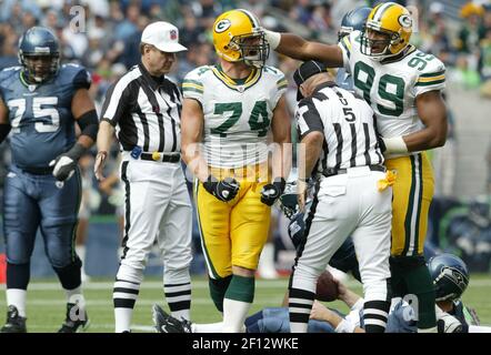 Seattle Seahawks quarterback Charlie Frye is sacked in the third quarter by  Green Bay Packers' Aaron Kampman at Qwest Field in Seattle, Washington,  Sunday, October 12, 2008. The Packers defeated the Seahawks