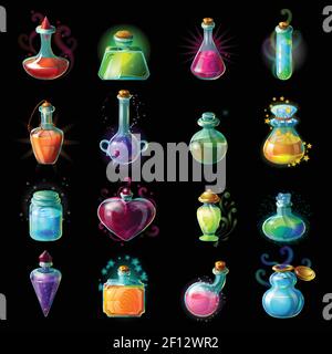 Sixteen isolated colorful magic bottle jars set with liquid potions for transformations on black background vector illustration Stock Vector