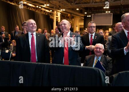 House Minority Whip Rep. Steve Scalise (R-LA) Zippy Duvall the President of the American Farm Bureau Federation and Secretary of Agriculture Sonny Perdue share a laugh with President Donald Trump during his remarks at the American Farm Bureau Federationâ€™s 100th Annual Convention Monday January 14 2019 at the New Orleans Ernest N. Morial Convention Center in New Orleans Louisiana. Stock Photo