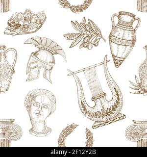Hand drawn greece seamless pattern with isolated decorative elements antique jars and laurel on blank background vector illustration Stock Vector