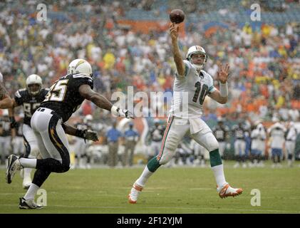 Miami Dolphins Chad Pennington (10) reacts while playing wide receiver in  the fourth quarter against the New York Jets at Giants Stadium in East  Rutherford, New Jersey on December 28, 2008. The