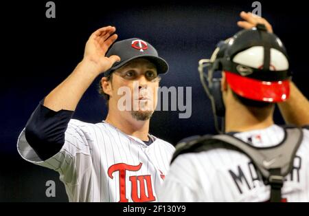 Minnesota Twins closer Joe Nathan celebrates the final out as the Twins  beat the New York Yankees 5-1 in a baseball game Wednesday, April 11, 2007  in Minneapolis. (AP Photo/Jim Mone Stock