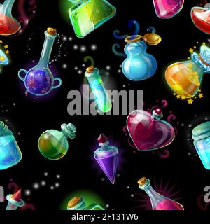 Magic bottles in an outer space pattern with colorful jars with liquid potions drops and stars vector illustration Stock Vector