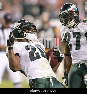 Brian Dawkins of the Philadelphia Eagles celebrates his fourth quarter  interception of the Redskins Patrick Ramsey with 1:07 to play in the Eagles  17-14 win on Sunday December 12, 2004 at Fed