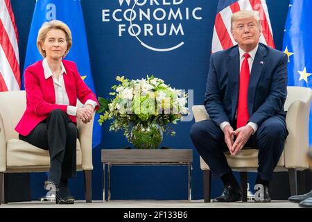 President Donald Trump meets with the President of the European Commission Ursula von der Leyen during the 50th Annual World Economic Forum meeting Tuesday Jan. 21 2020 at the Davos Congress Centre in Davos Switzerland. Stock Photo