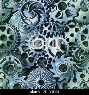 Cold blue pattern with silver circle gears of different shape and size with different decorative symbols vector illustration Stock Vector