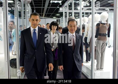 President Barack Obama walks with Chinese Premier Wen Jiabao to their bilateral meeting at the U.N. Climate Change Conference in Copenhagen Denmark Dec. 18 2009. Stock Photo