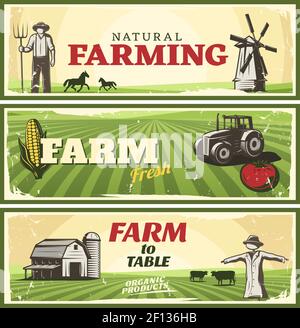 Three horizontal banners set with natural fresh farm concepts stylized ranch minimalistic landscape with editable text vector illustration Stock Vector