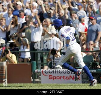 Chicago Cubs' Alfonso Soriano hits a solo home run in the sixth inning  against the Washington Nationals in a baseball game on Wednesday, Aug. 10,  2011, in Chicago. (AP Photo/Charles Cherney Stock