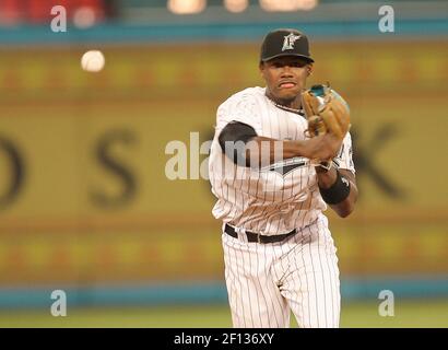 Florida Marlins' Hanley Ramirez throws to second to put out New