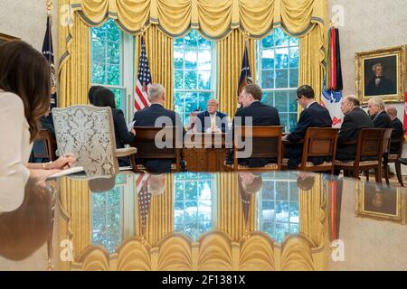 President Donald Trump United States Trade Representative Ambassador Robert Lighthizer and Cabinet members welcomes Chinese Vice Premier Liu He Friday Oct. 11 2019 to the Oval Office of the White House in a continuation of U.S.â€“China trade talks in Washington D.C. Stock Photo