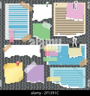 Note papers set with pins sticky bookmark clip binder and scotch on transparent background isolated vector illustration Stock Vector