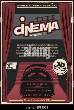 Colorful cinema festival poster with cartoon style red curtain carpet editable title and announcement text vector illustration Stock Vector