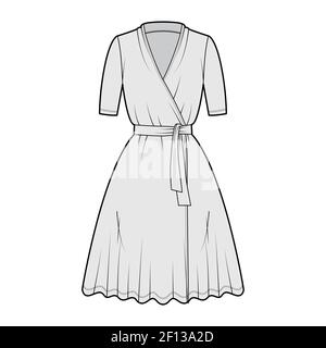 Wrap dress technical fashion illustration with deep V-neck, short sleeves, oversized, knee length, circular cut, tie. Flat apparel template front, grey color style. Women, men unisex CAD mockup Stock Vector