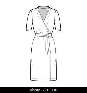 Wrap dress technical fashion illustration with deep V-neck, short sleeves, oversized, knee length, pencil cut, tie. Flat apparel template front, white color style. Women, men unisex CAD mockup Stock Vector