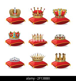 Isolated colored realistic crowns on red pillows icon set with shadows and lights vector illustration Stock Vector