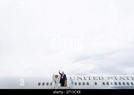 President Donald Trump disembarks Air Force One at Akron-Canton Airport in Canton Ohio Wednesday March 20 2019 following his flight from Lima Ohio. Stock Photo