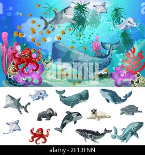 Cartoon sperm whale at underwater landscape with vibrant coral reef ...