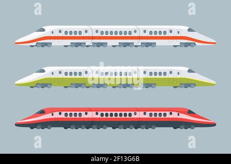Flat modern high-speed trains collection of different colors on gray background isolated vector illustration Stock Vector