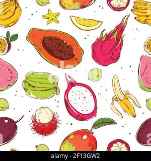 Sketch colored exotic fruits seamless pattern with banana mango papaya mangosteen carambola guava rambutan quince passionfruit vector illustration Stock Vector