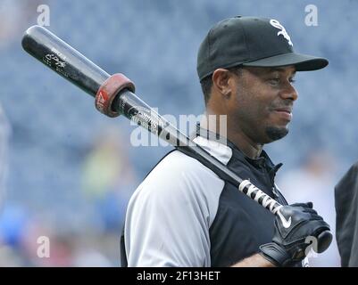 Chicago White Sox player Ken Griffey Jr, runs the bases during batting  practice before a MLB game between the Kansas City Royals and Chicago White  Sox at Kauffman Stadium in Kansas City