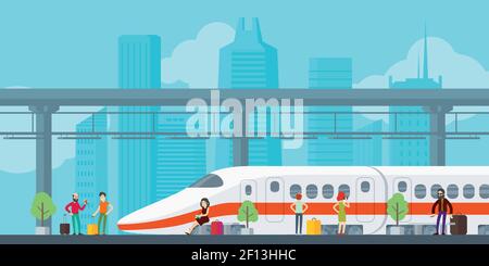 Colorful train station concept with passengers standing at platform in flat style vector illustration Stock Vector