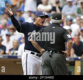 Milwaukee Brewers manager Ned Yost argues a balk call with home plate ...