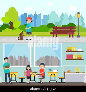 People and animals horizontal banners with boy training dog and children caring about pets vector illustration Stock Vector