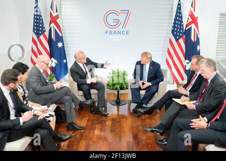President Donald Trump participates in a meeting with the Prime Minister of Australia Scott Morrison at the Centre de CongrÃ©s Bellevue Sunday Aug. 25 2019 in Biarritz France site of the G7 Summit. Stock Photo