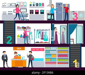 Shopping center infographic template with people in grocery clothing and hardware stores vector illustration Stock Vector