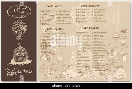 Doodle coffee restaurant menu template with different sorts recipes equipment desserts and spices elements vector illustration Stock Vector