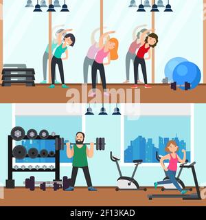 Fitness horizontal banners with people doing exercises man lifting barbell woman running on treadmill in gym vector illustration Stock Vector