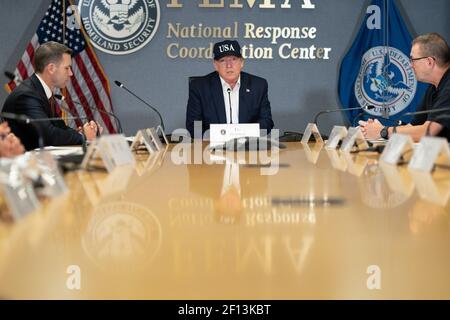 President Donald Trump joined by Acting Secretary of the Department of Homeland Security Kevin McAleenan and Acting FEMA Administrator Pete Gaynor attends a briefing Sunday Sept. 1 2019 on the current directional forecast of Hurricane Dorian at the Federal Emergency Management Agency (FEMA) headquarters in Washington D.C. Stock Photo