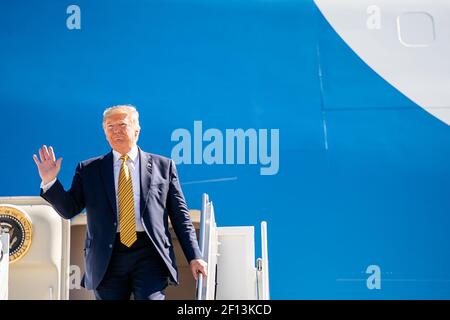President Donald Trump disembarks Air Force One at Moffett Federal Airfield in Mountain View Calif. Tuesday September 17 2019 en route to Palo Alto Calif. Stock Photo