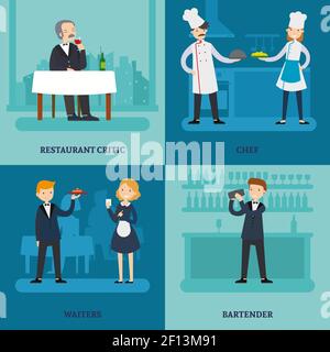 People in restaurant square concept with workers and man tasting wine in flat style vector illustration Stock Vector