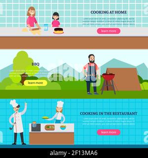 Cookery people horizontal banners with family cooking at home man preparing barbecue outdoor and restaurant culinary vector illustration Stock Vector