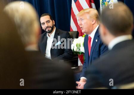 President Donald Trump participates in a bilateral meeting with El Salvador President Nayib Bukele Wednesday Sept. 25 2019 at the InterContinental New York Barclay in New York City. Stock Photo