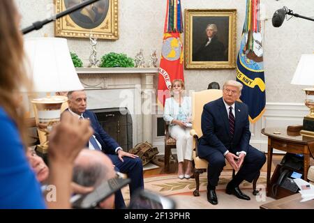 President Donald Trump talks and takes questions from members of the press during a bilateral meeting with Prime Minister Mustafa Al-Kadhimi of the Republic Iraq Thursday Aug. 20 2020 in the Oval Office of the White House. Stock Photo