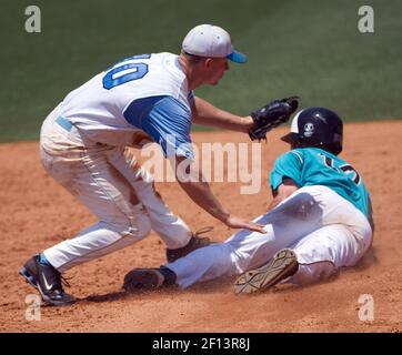 North Carolina second baseman Kyle Seager receives the ball from shortstop  Ryan Graepel (not shown) before turning a double play against LSU to end  the second inning of an NCAA College World