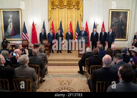 President Donald Trump joined by Vice President Mike Pence and Chinese Vice Premier Liu He delivers remarks prior the signing ceremony of the U.S. China Phase One Trade Agreement Wednesday Jan. 15 2020 in the East Room of the White House. Stock Photo