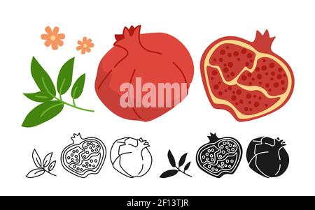 Garnet whole and half cartoon set, line icon, black glyph style. Pomegranate tropical summer collection sweet food. Comic hand drawn red fruit. Design for spa, cosmetics. Isolated vector illustration Stock Vector