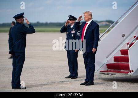 President Donald Trump disembarks Air Force One at Joint Base Andrews Md. Tuesday Sept. 2 2020 and departs en route to the White House. Stock Photo