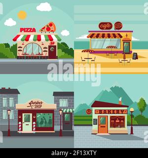 Colorful building facades square concept with italian restaurant cafe barber shop and bakery vector illustration Stock Vector