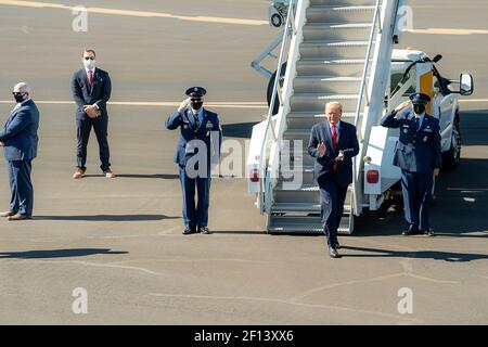 President Donald Trump disembarks Air Force One at Laughlin/Bullhead International Airport in Bullhead Ariz. Wednesday Oct. 28 2020 and departs en route to Signature Flight Support. Stock Photo