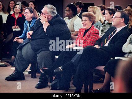 In this February 7, 1998 file photograph, Chris Farley's father, Tom Farley, center left, wipes a tear from his eye while his sister, Barbara, left; mother, Mary Ann; and brother, Tom, share a laugh at a memorial for Chris at Marquette University in Milwaukee, Wisconsin. His brother Tom wrote a book about the 'Saturday Night Live' comic. (Photo by Gary Porter/Milwaukee Journal Sentinel/MCT/Sipa USA)